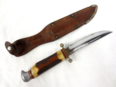 Vintage Stag Horn Knife 9" Solingen Gutmann Germany, Sheath, Ball Tip Quillons