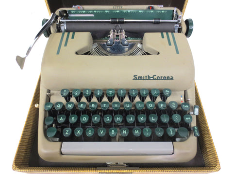 Vintage 1950s Smith Corona Super Portable Typewriter, Green Keys, With Case