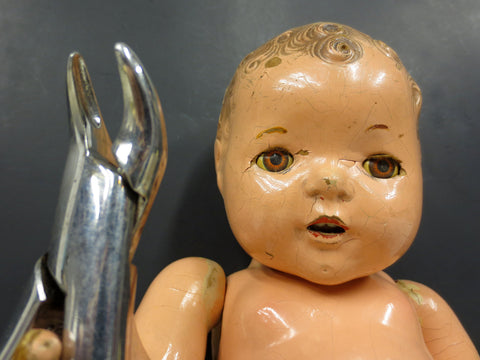 Scary Antique Composition Doll 12", Moving Eyelids, Articulated, Tooth Extractor