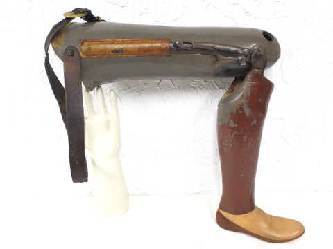 Rare Antique 1900's Prosthetic Leg 35 In, Bending Lock Mechanism, Leather Straps