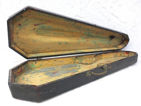 Antique Violin Wood Case 30" Handmade, Black Casket Funeral, Brass, Folk Art