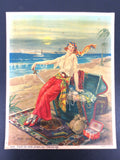 Vintage 1930's Illustration Woman Pirate on Beach with Saber, Seaplane, Treasure