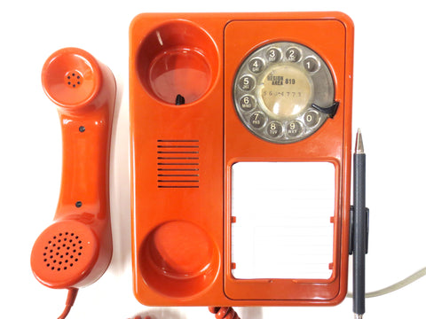 Vintage Mid Century Orange Rotary Phone by Northern Telecom, Pen and Pad