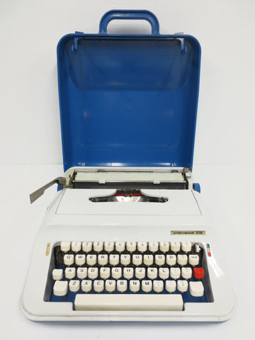 Vintage Underwood Typewriter Portable 378, Blue Case, White Keys, With Ribbon