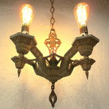 Antique 1920's Art Deco 5 Lights Chandelier, 30" Ceiling Fixture, Extensible