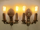 Antique Art Nouveau 1920's Brass Wall Sconce Double Light Holders, Fleur de Lys