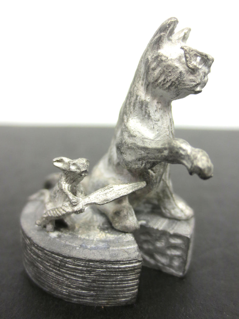 Vintage Pewter Miniature Cat and Mouse Eating Cheese, Cat Rotates, 1 1/4"