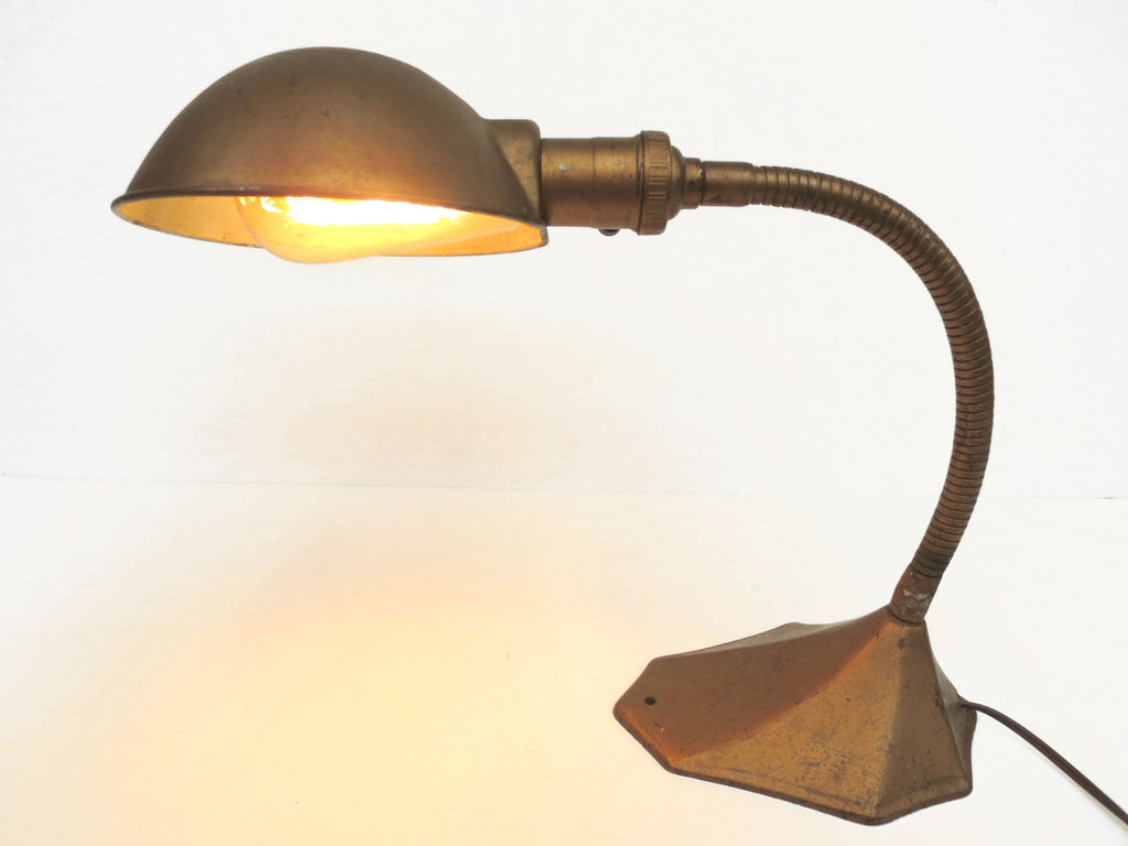 Antique Art Deco Desk Lamp, Gooseneck Light, Cast Iron Heptagon Base, Rewired