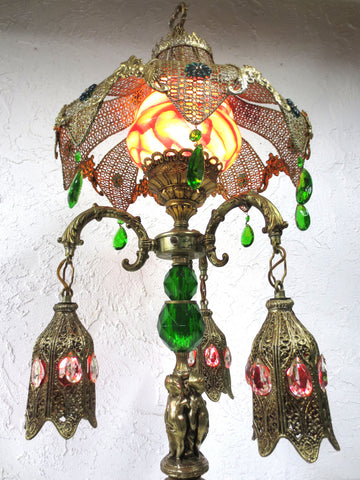 Stunning Vintage Cherub Table Lamp Light Moroccan Style 37", Pierced Lampshade,