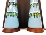 Pair Vintage Mid-Century Danish Modernist Table Lamps 38", Teak Ceramic, Scandin