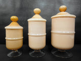 3 Vintage Glass Apothecary Jars with Bubble Lids 9.5", Pink Peach, Bubble Lids