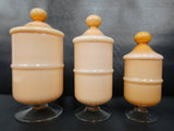 3 Vintage Glass Apothecary Jars with Bubble Lids 9.5", Pink Peach, Bubble Lids