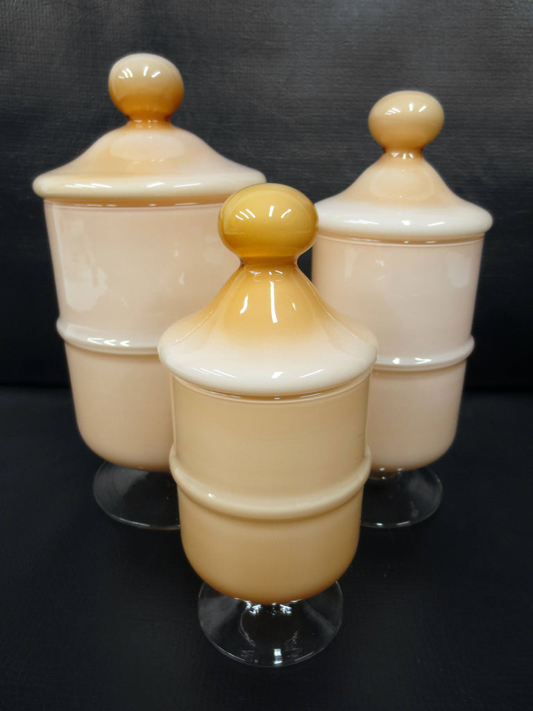 3 Vintage Glass Apothecary Jars with Bubble Lids 9.5", Pink Peach, Bubble Lids