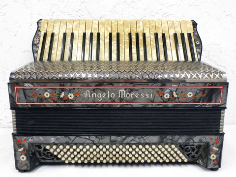 Rare Antique Angelo Moressi Italy Piano Accordion, 120 Basses, 41 Notes, Mother of Pearl, Red Flowers, Black and Silver, Leather Straps