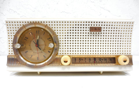 Mid Century 1956 CBS-Columbia Tube Clock Radio Rare Model C231, Gold Details