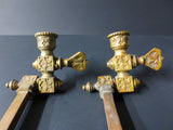 Pair Antique Victorian Brass Gas Lamp Light Arms, Ornate Swivel Oil Lamp Fixture 12"